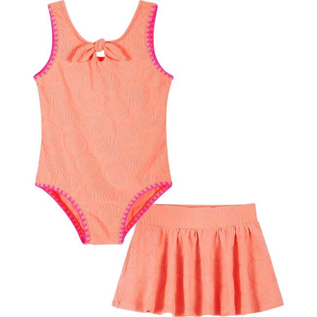 Girls Terry One-Piece Swimsuit,  Coral with Matching Skirt