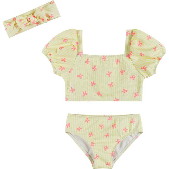 Girls Yellow Stripe Puff Sleeve Tankini Set With Headband,  Pink Bow