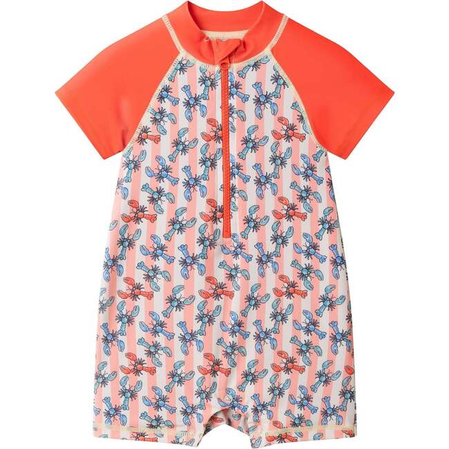 Infant Boys Short Sleeve Swim Romper W/ Hat, Orange Lobster - Rompers - 4