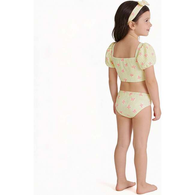 Girls Yellow Stripe Puff Sleeve Tankini Set With Headband,  Pink Bow
