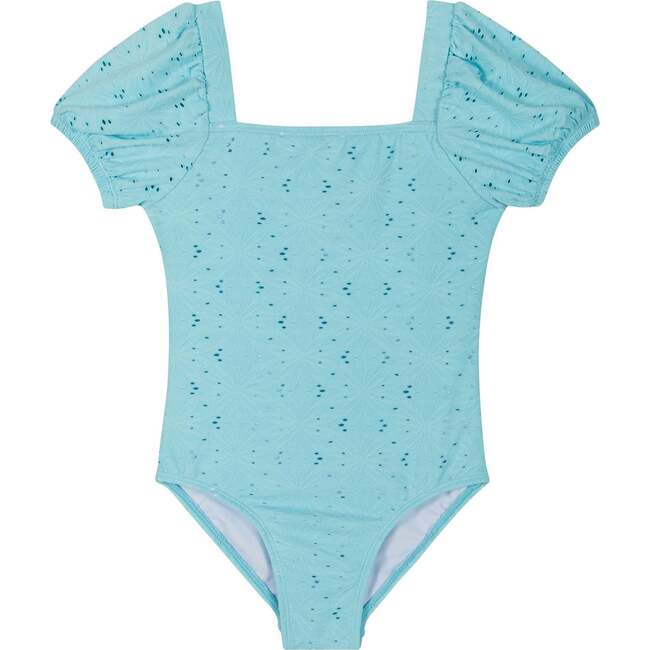 Girls Sleeve Textured Puff Sleeve One-Piece Swimsuit,  Ocean Blue