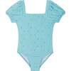Girls Sleeve Textured Puff Sleeve One-Piece Swimsuit, Ocean Blue - One Pieces - 1 - thumbnail