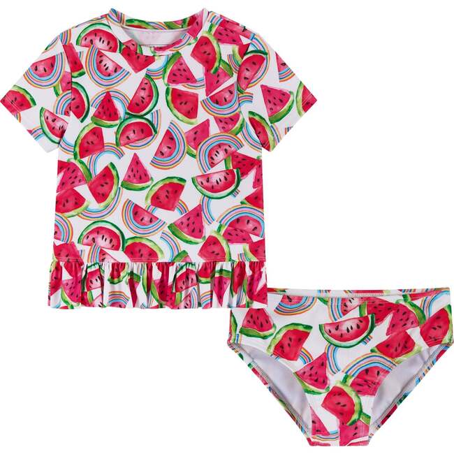 Girls Short Sleeve Rashguard Set,  Watermelon & Rainbows