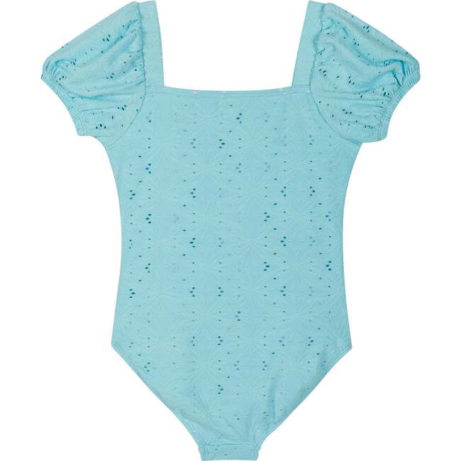 Girls Sleeve Textured Puff Sleeve One-Piece Swimsuit,  Ocean Blue