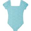 Girls Sleeve Textured Puff Sleeve One-Piece Swimsuit, Ocean Blue - One Pieces - 2 - thumbnail