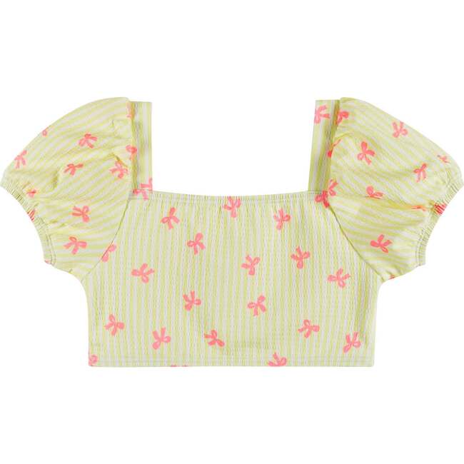 Girls Yellow Stripe Puff Sleeve Tankini Set With Headband, Pink Bow - Mixed Apparel Set - 4