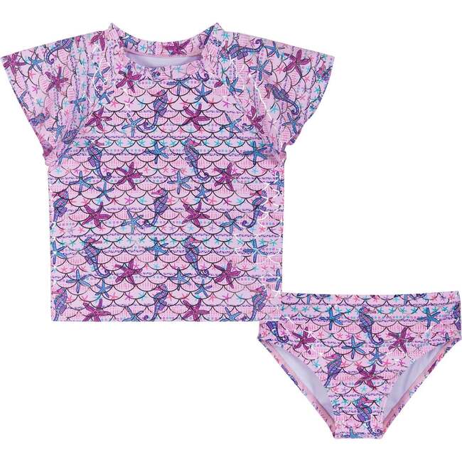Girls Short Sleeve Rashguard Set, Seahorse & Starfish - Rash Guards - 4