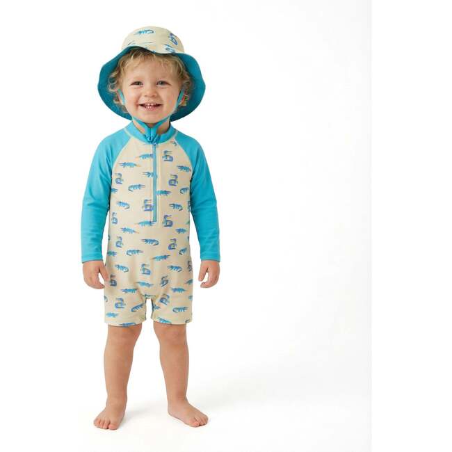 Infant Boys Long Sleeve Swim Romper, Lime Gator with Hat - Rompers - 5