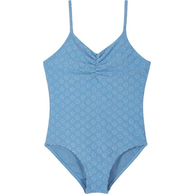 Tween Girls Terry One-Piece Swimsuit,  Blue Daisy