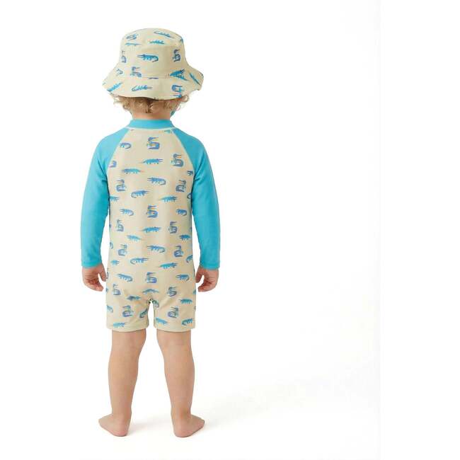 Infant Boys Long Sleeve Swim Romper, Lime Gator with Hat - Rompers - 6