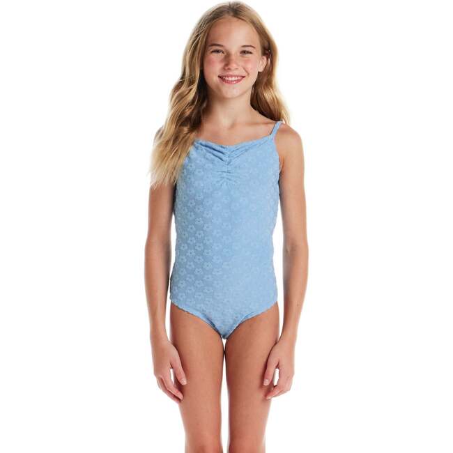 Tween Girls Terry One-Piece Swimsuit,  Blue Daisy