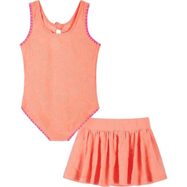 Girls Terry One-Piece Swimsuit, Coral with Matching Skirt - Mixed Apparel Set - 5