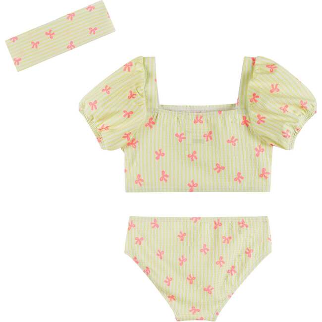 Girls Yellow Stripe Puff Sleeve Tankini Set With Headband, Pink Bow - Mixed Apparel Set - 7