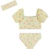 Girls Yellow Stripe Puff Sleeve Tankini Set With Headband, Pink Bow - Mixed Apparel Set - 7 - thumbnail