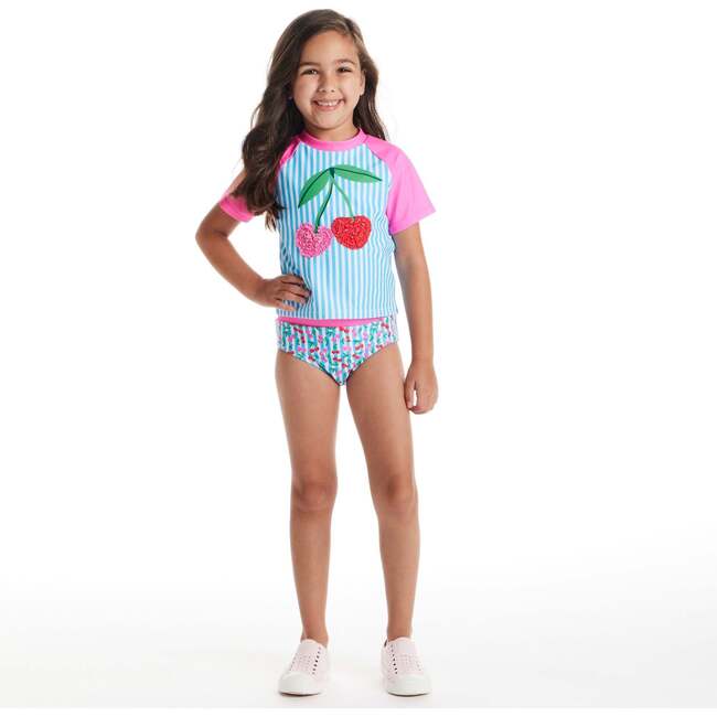 Girls Short Sleeve Rashguard Set,  Cherry Stripe - Rash Guards - 4