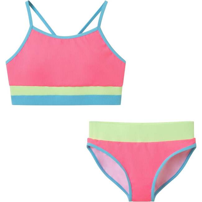 Tween Girls Rib Bikini, Pink Colorblock