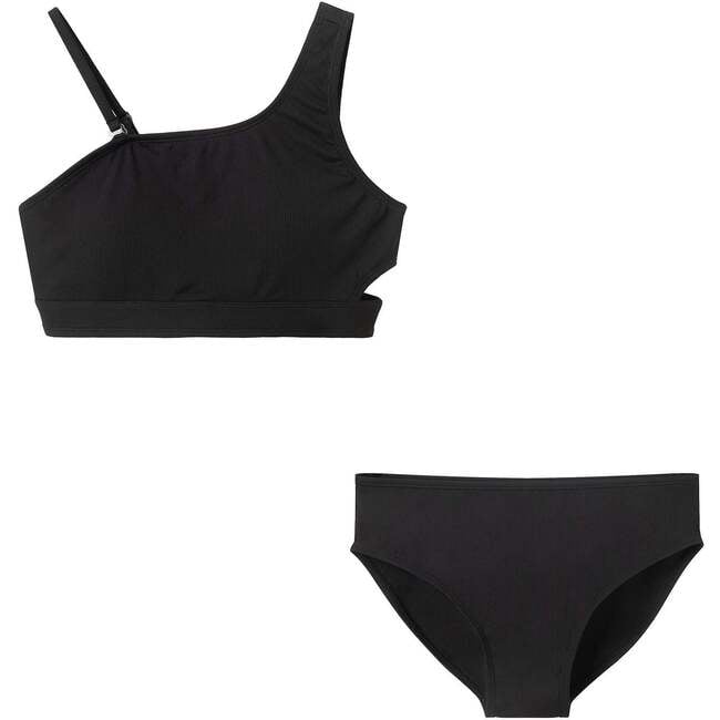 Tween Girls Asymmetrical Bikini, Black Rib