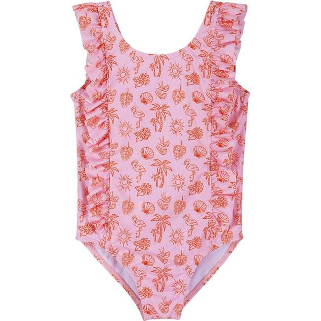 Girls Ruffle Swimsuit,  Pink Beach Icon