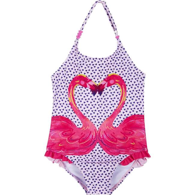 Girls One Piece Swimsuit,  Heart Flamingo