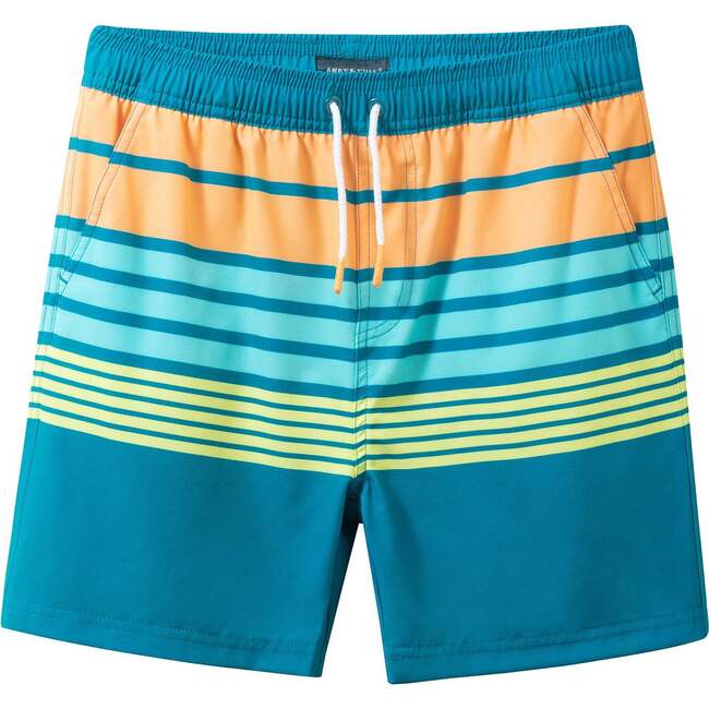 Tween Boys Comfort-Stretch Lined, Aqua & Orange Stripe - Shorts - 6