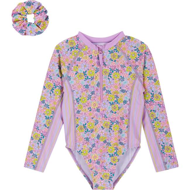 Girls One Piece Rashguard W/ Scrunchie,  Floral Print
