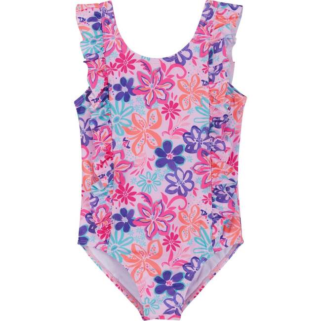 Girls Rib Ruffle One Piece,  Tropical Flowers