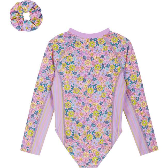 Girls One Piece Rashguard W/ Scrunchie,  Floral Print