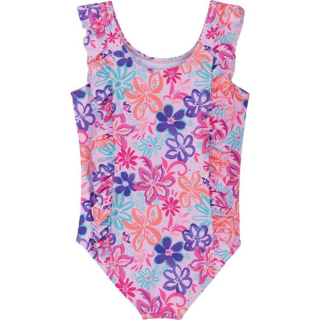 Girls Rib Ruffle One Piece,  Tropical Flowers