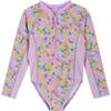 Girls One Piece Rashguard W/ Scrunchie, Floral Print - Rash Guards - 4 - thumbnail