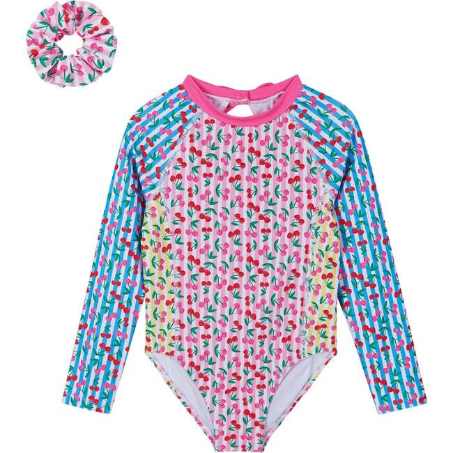 Girls Long Sleeve Rashguard One-Piece,  Cherry Stripe with Scrunchie