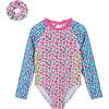 Girls Long Sleeve Rashguard One-Piece,  Cherry Stripe with Scrunchie - Mixed Apparel Set - 1 - thumbnail