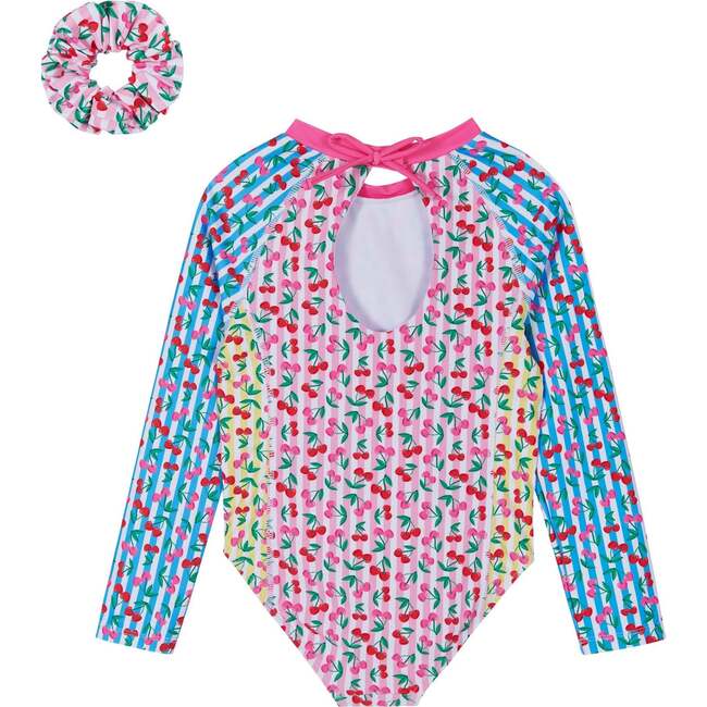 Girls Long Sleeve Rashguard One-Piece,  Cherry Stripe with Scrunchie