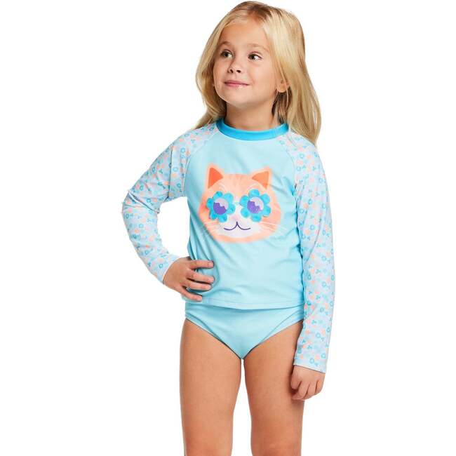 Girls Long Sleeve Rashguard Set, Floral Cat - Rash Guards - 3