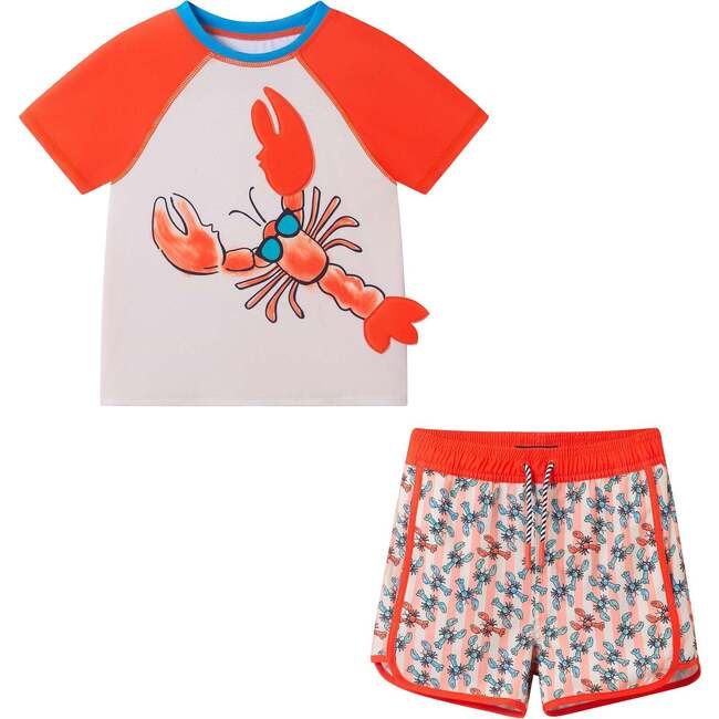 Boys Short Sleeve Rashguard Set, Orange Lobster