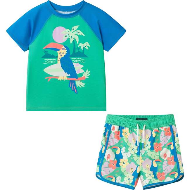 Boys Short Sleeve Rashguard Set, Blue Toucan