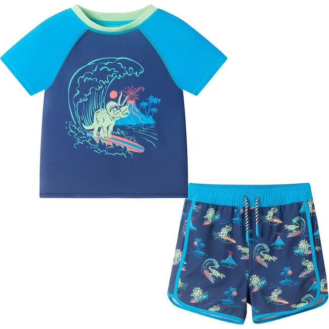 Boys Short Sleeve Rashguard Set, Navy Dino