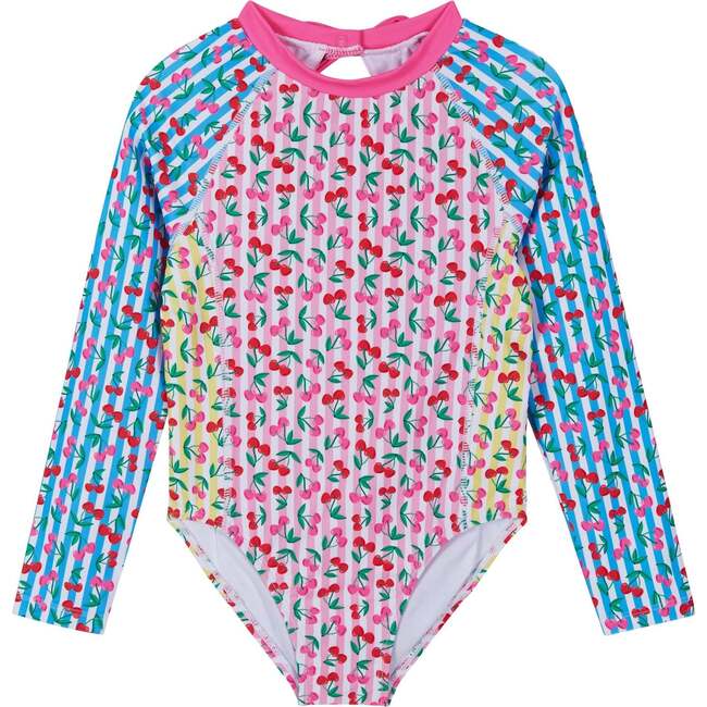 Girls Long Sleeve Rashguard One-Piece,  Cherry Stripe with Scrunchie - Mixed Apparel Set - 5
