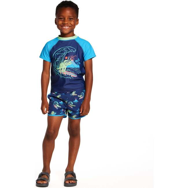 Boys Short Sleeve Rashguard Set, Navy Dino