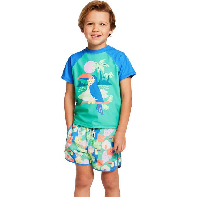 Boys Short Sleeve Rashguard Set, Blue Toucan - Rash Guards - 3