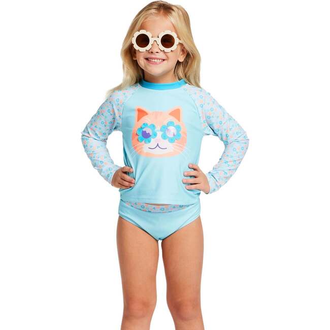 Girls Long Sleeve Rashguard Set, Floral Cat - Rash Guards - 6