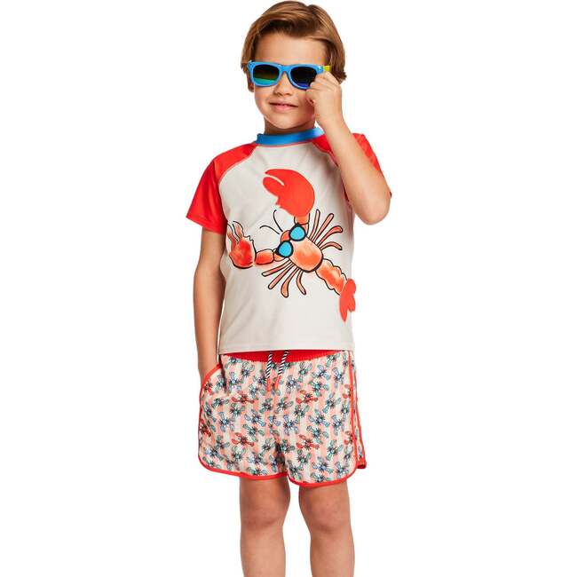 Boys Short Sleeve Rashguard Set, Orange Lobster - Rash Guards - 4