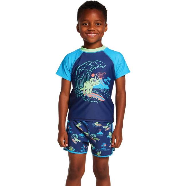 Boys Short Sleeve Rashguard Set, Navy Dino - Rash Guards - 3