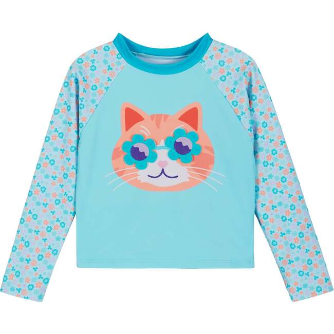 Girls Long Sleeve Rashguard Set, Floral Cat - Rash Guards - 7