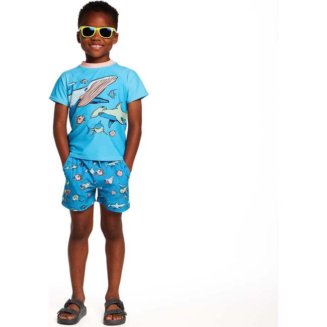 Boys Short Sleeve Rashguard Set, Aqua Deep Sea