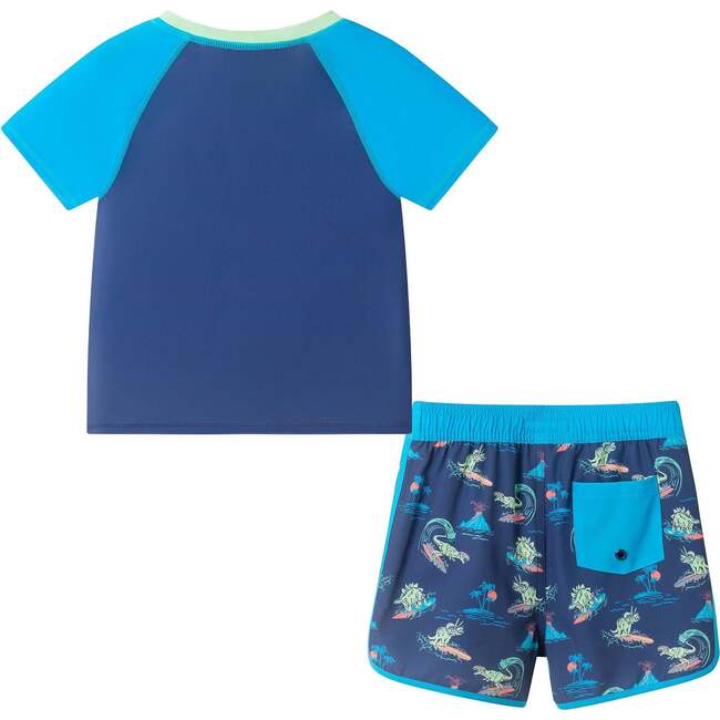 Boys Short Sleeve Rashguard Set, Navy Dino - Rash Guards - 4