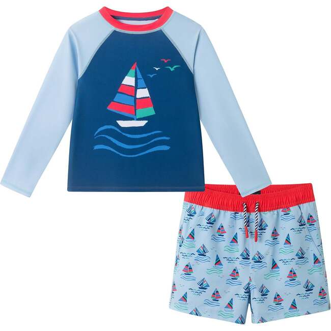 Boys Long Sleeve Rashguard Set, Navy Sailboat