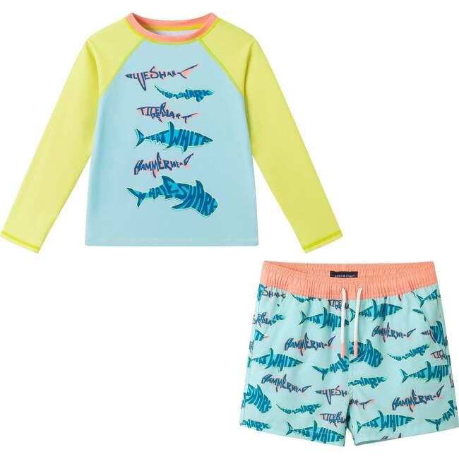 Boys Long Sleeve Rashguard Set, Aqua & Lime Shark