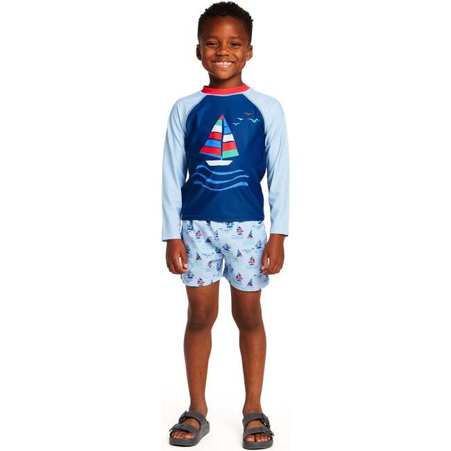 Boys Long Sleeve Rashguard Set, Navy Sailboat