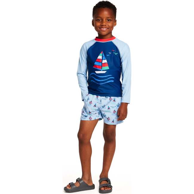 Boys Long Sleeve Rashguard Set, Navy Sailboat - Rash Guards - 3