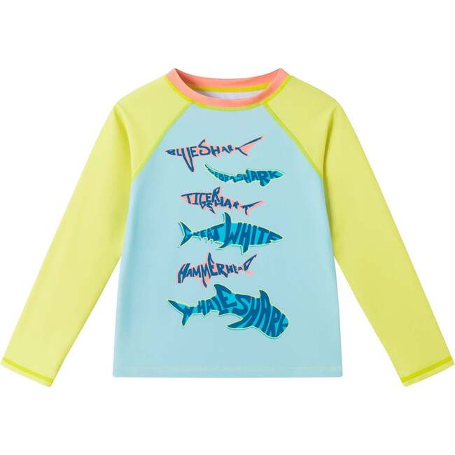 Boys Long Sleeve Rashguard Set, Aqua & Lime Shark - Rash Guards - 3
